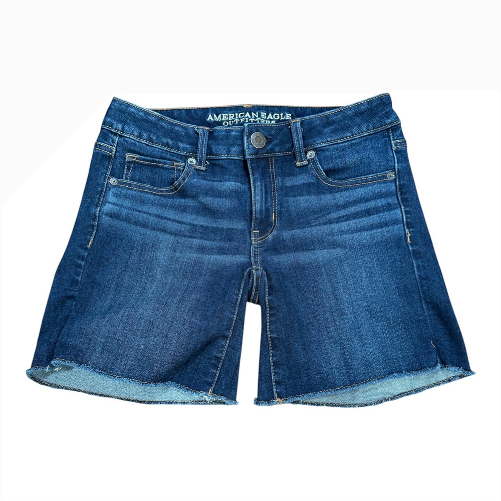 American Eagle 360 Super Stretch Midi Denim Shorts Dark Wash Raw Hem Size 2